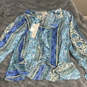Catherine Malandrino Blue and White Ruffled V-Neck Blouse NWT retail $68